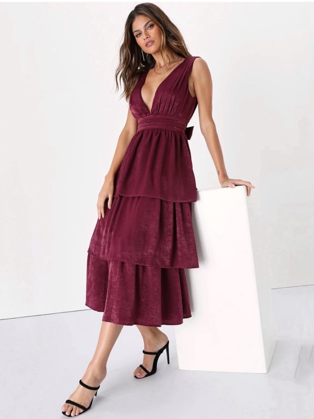 NWT Lulus Peak Party Vibe Plum Purple Satin Tiered Tie-Back Midi Dress Size XS